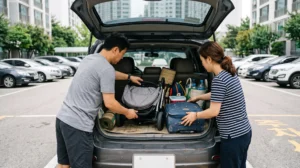 가족 나들이 짐을 중고 패밀리 SUV 트렁크에 싣는 장면