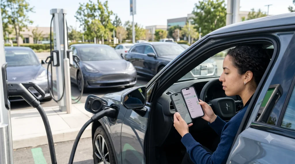 Driver checking app permissions on a smartphone while parked beside a charging station