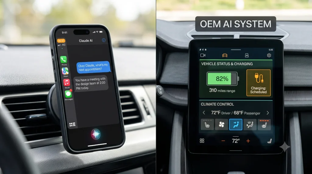 Close-up of an EV infotainment screen showing a charging-route map with battery percentage and suggested charging stops,
