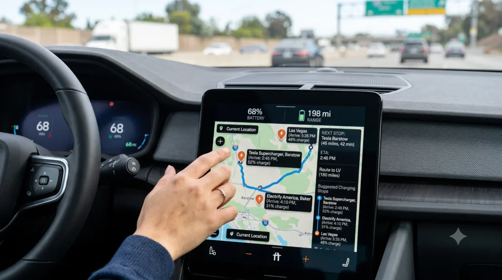 Close-up of an EV infotainment screen showing a charging-route map with battery percentage and suggested charging stops