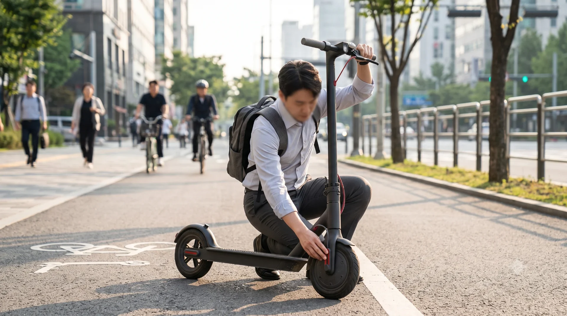 도심 자전거도로에서 출근 전 전동킥보드를 점검하는 사람