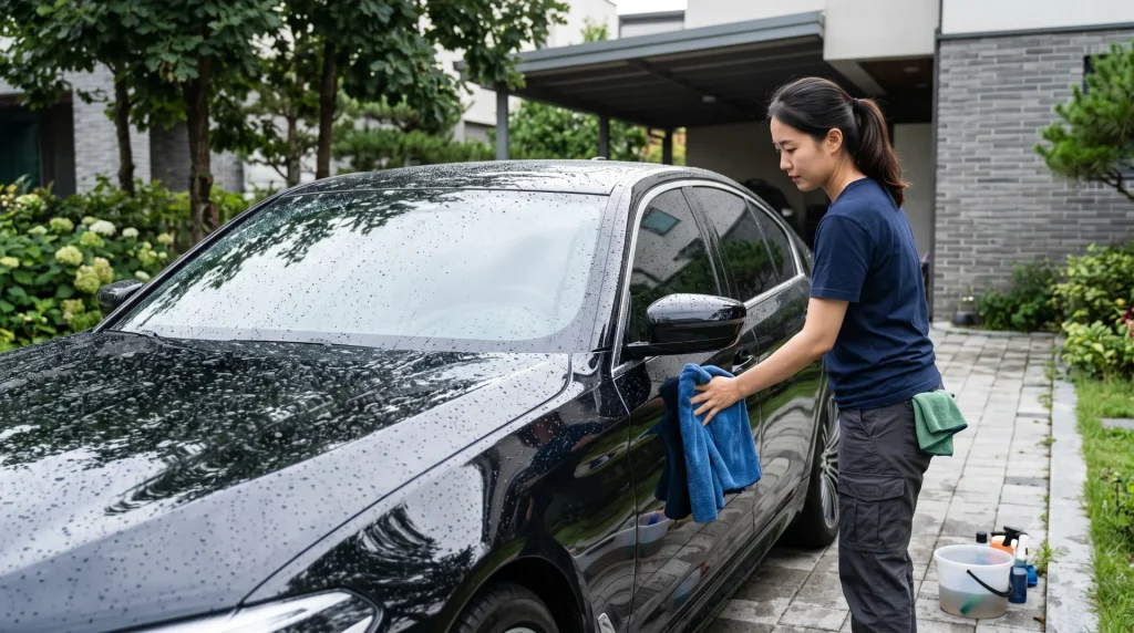 a person drying a dark sedan with a microfiber towel after light rain in a shaded driveway