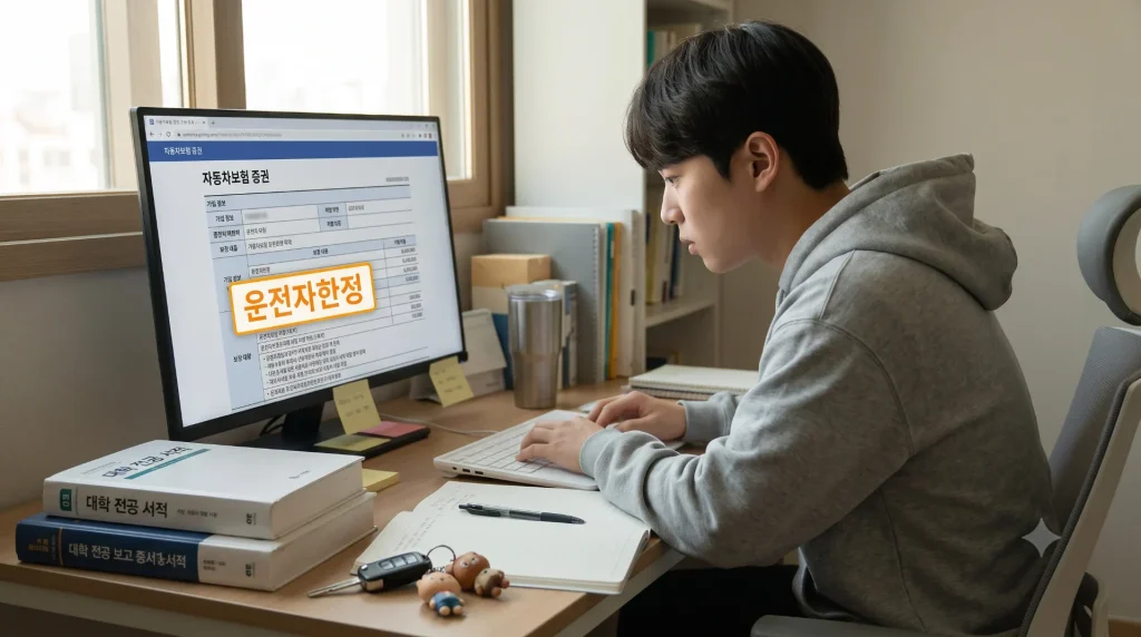 대학생이 노트북으로 자동차보험 증권을 확인
