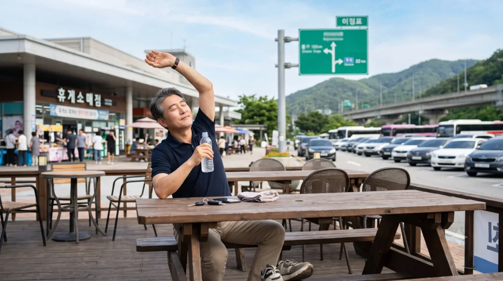 휴게소 테이블에서 물을 마시고 스트레칭하는 중년 운전자