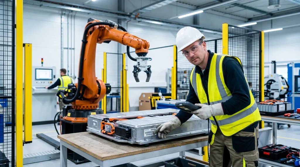 a technician checking a battery pack label while a robot arm waits in the background, emphasizing human-robot collaboration and safety