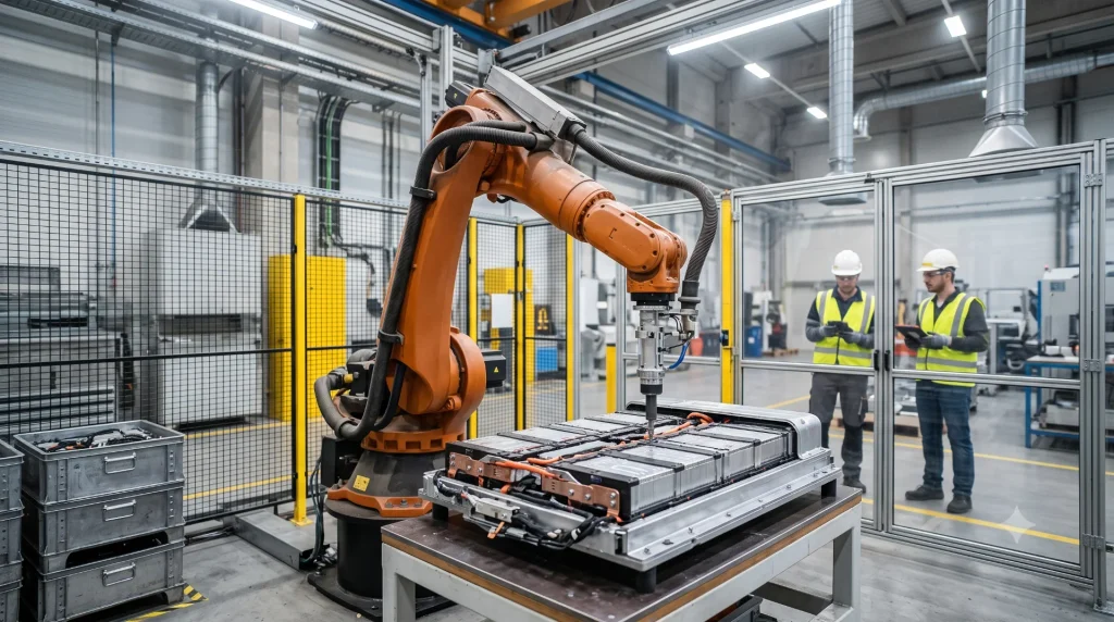 an industrial robotic arm (KUKA-style) inside a battery recycling cell, using a precision tool to unscrew an EV battery module under bright factory lights