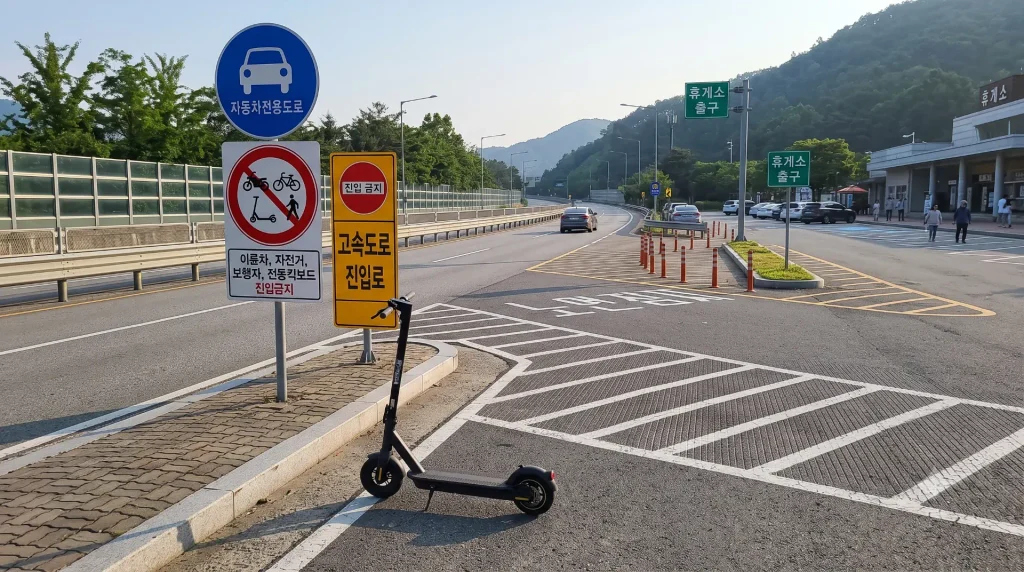 고속도로 진입로 표지판(자동차전용도로 표지)과 휴게소 입구