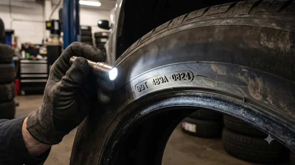 Technician checking the DOT code on a tire sidewall with a flashlight