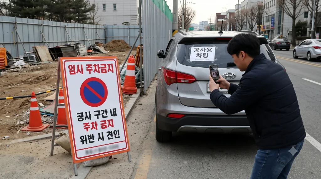 공사장 옆에 세워진 ‘임시 주차금지’ 표지와 표지가 부착된 차량의 뒷모습