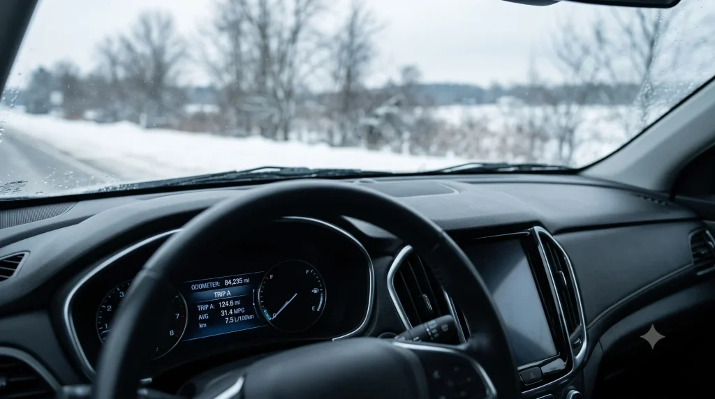 a car dashboard showing odometer and trip computer with fuel economy readout