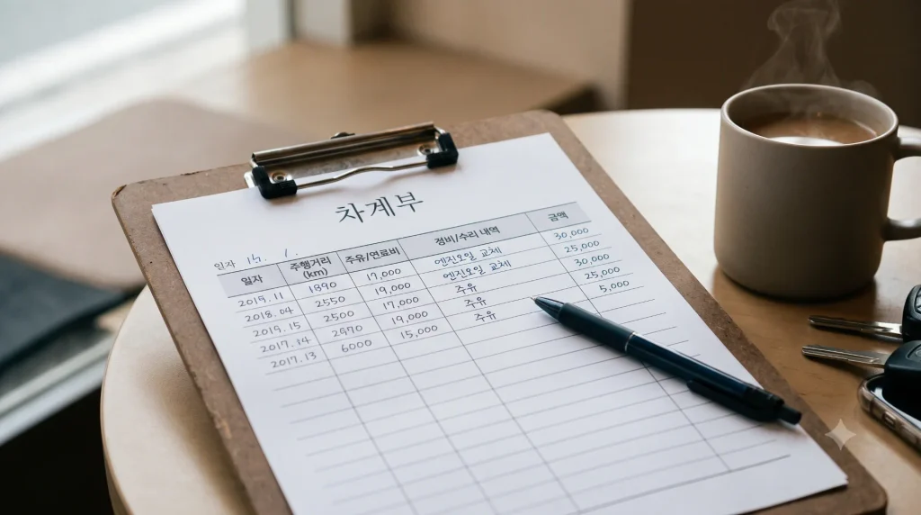 a simple printed '차계부' template on a clipboard with pen