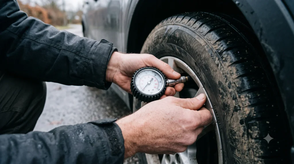 a car tire pressure gauge during a cool overcast day, hands visible, clear gauge reading
