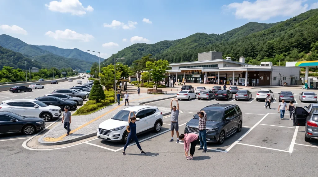고속도로 휴게소 전경(주차된 승용차 몇 대와 사람들이 스트레칭하는 장면)