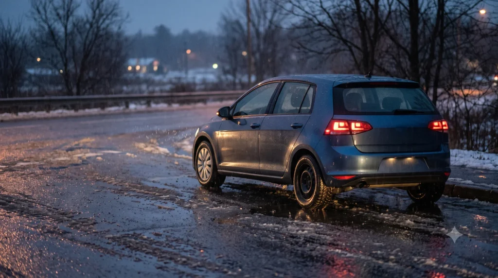 a parked compact car on a wet winter road at dusk, light rain, visible tire tread and slight water splashes