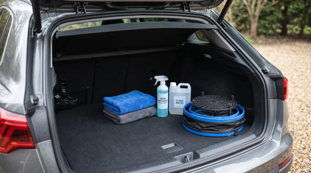 high-resolution scene of a car trunk opened showing a compact 'rain emergency' kit: spray detailer